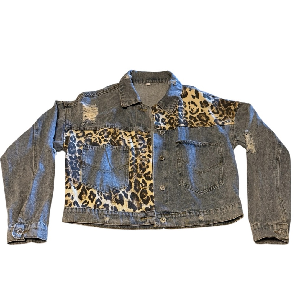 Leopard Patchwork Denim Jacket - Gray with Tan/Bl… - image 1
